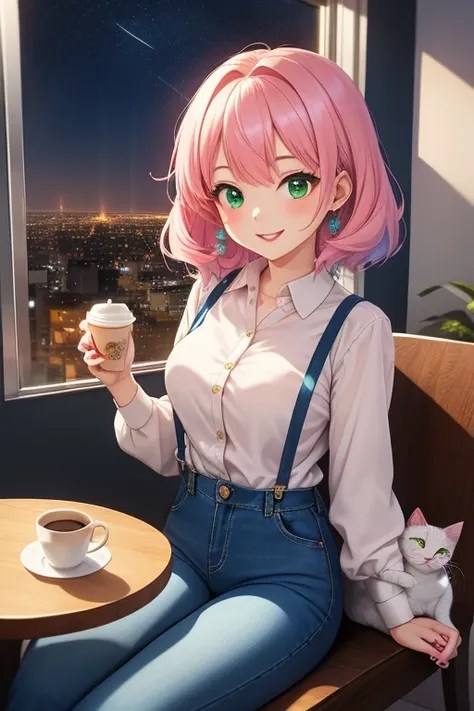 anime girl 26 years old yellow blouse suspenders blue denim pants landscape luxurious apartment looking out the window towards a night city with pale pink hair green eyes and a white cat on her lap blue nails white walls cup of coffee on the table cat look...