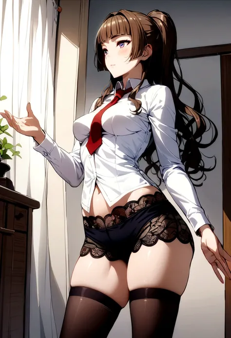 Busujima Saeko, long sleeve white shirt, Red tie, medium breasts, lace boyshorts, black mid thigh stockings, black shoes. standing, bedroom, perfect body, perfect legs, perfect arms, perfect hands, Masterpiece, detailed