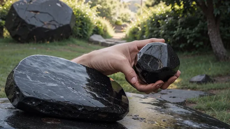 A shepherd stands holding a large black stone in his hand