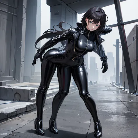 Woman wearing a black latex catsuit and black leather combat boots