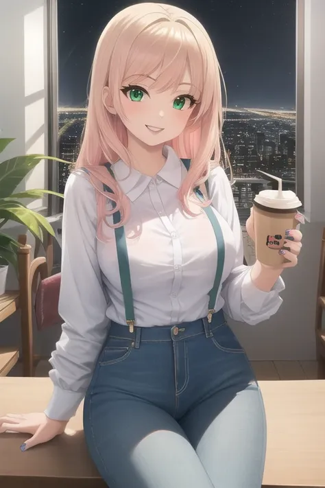 anime girl 26 years old yellow blouse suspenders blue denim pants landscape luxurious apartment looking out the window towards a night city with pale pink hair green eyes and a white cat on her lap blue nails white walls cup of coffee on the table cat look...