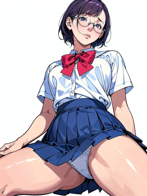 (Highest quality、masterpiece、、Highest quality、Hyperrealism、Ultra HD)、 (short hair:1.1)、(Elegant round glasses:1.2)、(A high school girl wearing a white blouse and a navy blue skirt:1.2)、(Navy Pleated Skirt:1.2)、(Red bow tie on chest:1.1)、Perfect Style、Perfe...