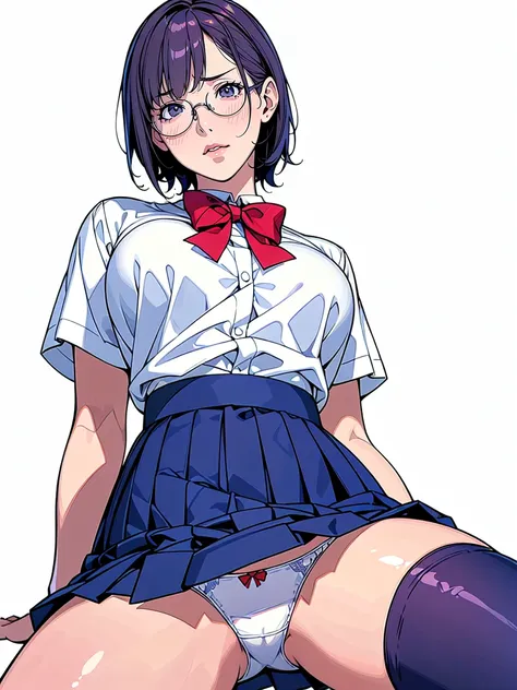 (Highest quality、masterpiece、、Highest quality、Hyperrealism、Ultra HD)、 (short hair:1.1)、(Elegant round glasses:1.2)、(A high school girl wearing a white blouse and a navy blue skirt:1.2)、(Navy Pleated Skirt:1.2)、(Red bow tie on chest:1.1)、Perfect Style、Perfe...