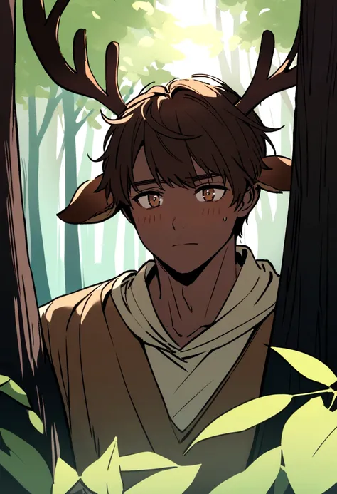 Dark-skinned man, brown eyes, long brown hair with deer ears and antlers hiding behind a tree in a forest, watching someone with a shy expression on his face 