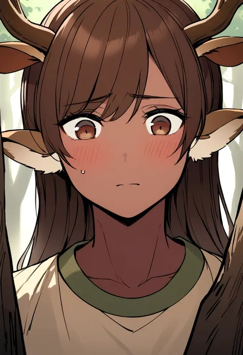 Dark-skinned man, brown eyes, long brown hair with deer ears and antlers hiding behind a tree in a forest, watching someone with a shy expression on his face 