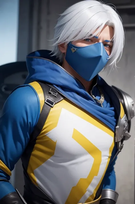 I want to see an image of white hair with a blue mask with yellow details and a thief chest