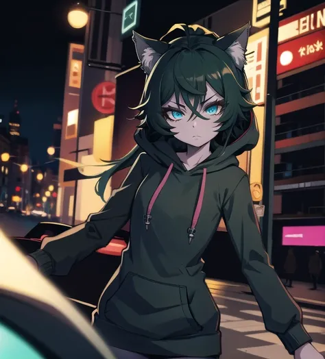 original-art, inked, lineart, masterpiece, best quality, 1girl,  vex grey skin, hoodie, goth, cat ears, bored face, dark green hair with black, city at night background,  