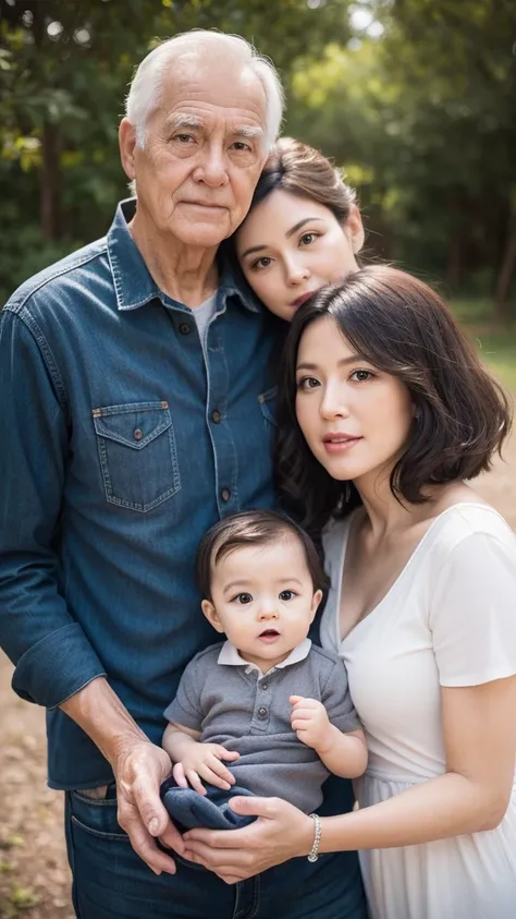 Grandfather and grandmother holding baby grandson realistic photo 