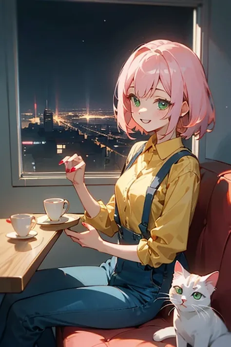 anime girl 26 years old yellow blouse suspenders blue denim pants landscape luxurious apartment looking out the window towards a night city with pale pink hair green eyes and a white cat on her lap blue nails white walls cup of coffee on the table cat look...