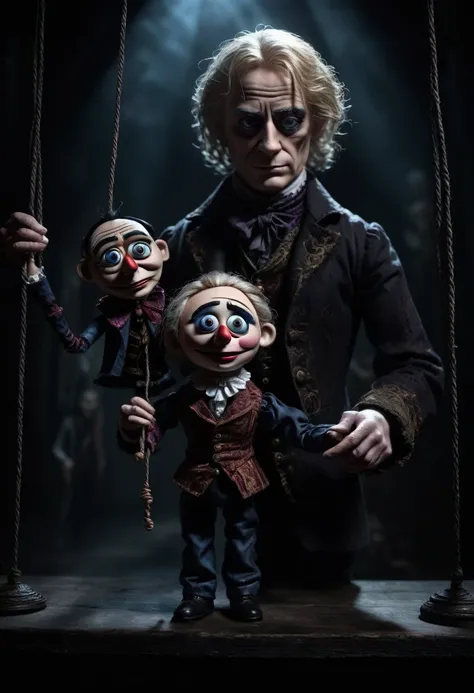 caine from digital circus holds a marionette in a dark fantasy and magic style. the dark background enhances the mysterious and ...