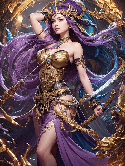 ((Highest quality)),(Ultra-high resolution),(Ultra-detailed new),(Detailed Description),((The best CG)),(masterpiece),Highly detailed art,A wonderful new art form,(Art with precise details:1.5), (War Goddess:1.3),(Frenzy Dance:1.3),sword,gun,Hoko,Bow and A...