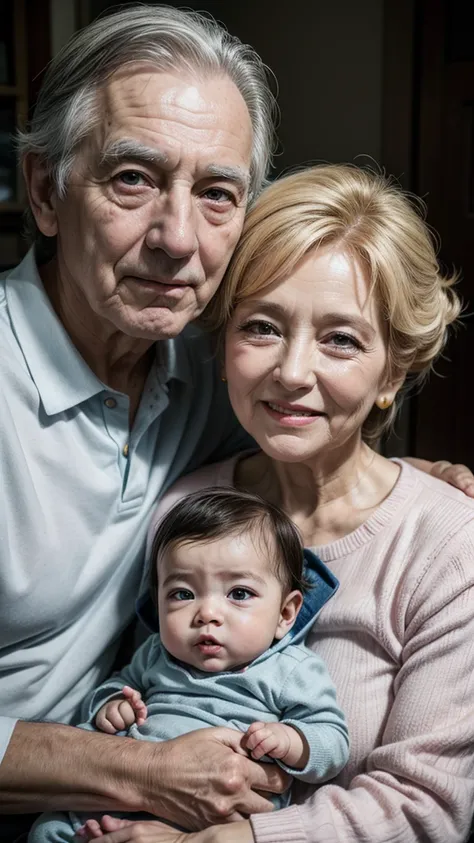 Grandfather and grandmother holding baby grandson realistic photo 