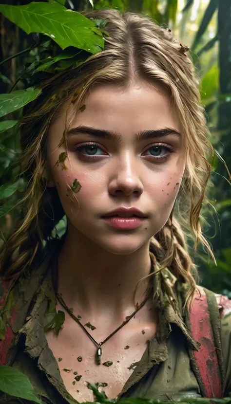 a young woman in a lush jungle, Chloë Grace Moretz, beautiful detailed eyes, beautiful detailed lips, extremely detailed face, long eyelashes, adventurous expression, dirty torn clothes, covered in mud, holding a large knife, vines and foliage surrounding,...