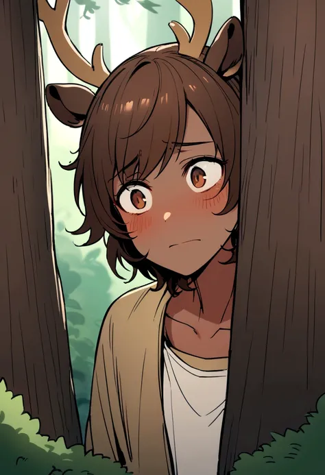 Dark-skinned man, brown eyes, long brown hair with deer ears and antlers hiding behind a tree in a forest, watching someone with a shy expression on his face 