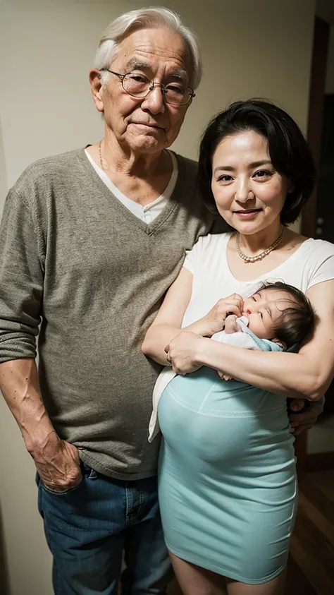 Grandfather and grandmother holding baby grandson realistic photo 