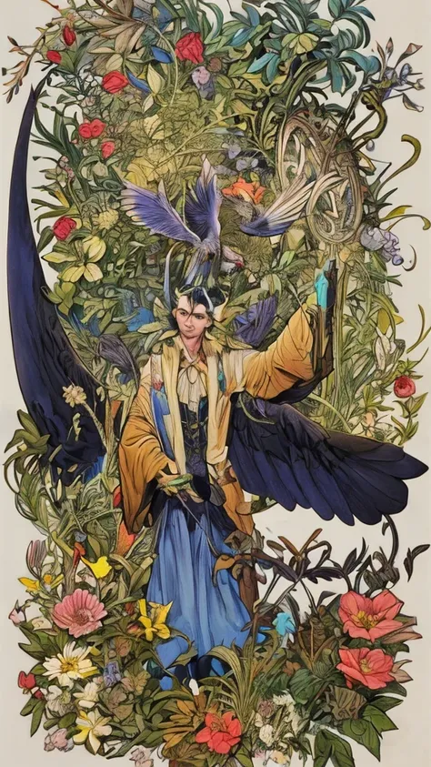 neutral and blank background, just on the right margin presence of a image showing flowers,is bird’s, a quill-pen and antics books in a magical atmosphere. 