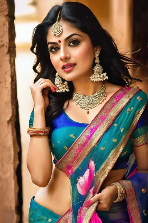 Create an image of a beautiful women in saree having perfect body. Her navel should be big, vertical and deep.