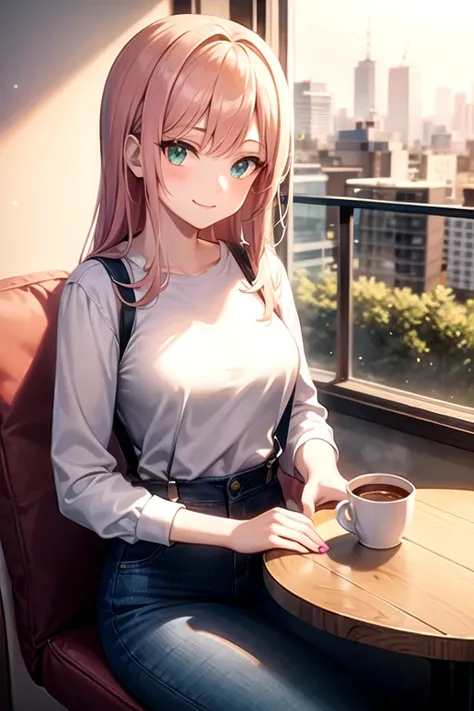 anime girl 26 years old yellow blouse suspenders blue denim pants landscape luxurious apartment looking out the window towards a night city with pale pink hair green eyes and a white cat on her lap blue nails white walls cup of coffee on the table cat look...