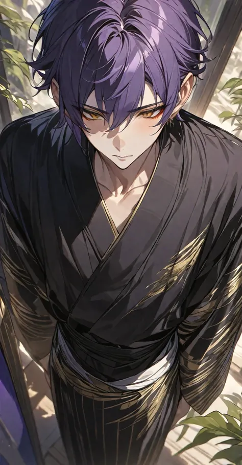 Masterpiece, very detailed, ultra detailed, one, (1 man),

A young man - he is tall and slender

Hes in a simple black kimono with white stripes.

Long wild dark purple hair and short bangs, and golden eyes that shine.