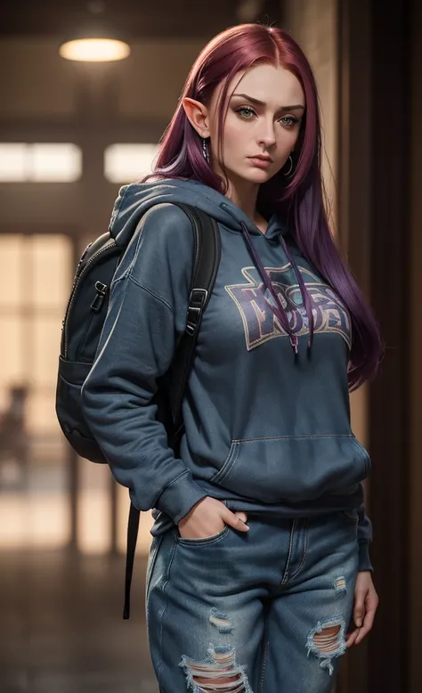 (masterpiece), (extremely intricate:1.3), (realistic), portrait of a girl, huge and perfect breasts, the most beautiful in the world, dark eyebrows, bright purple hair, (Sophie turner:1.3), scowl, (annoyed pout:1.2), blushing heavily, (oversized baggy cosy...