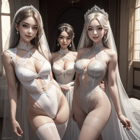 Beautiful 3 woman, (straight: 1.28), clear skin, (princess peachs face), pale skin, medium breasts, (thin hips, thin waist , athletic body: 1.25), detailed skin, smile open mouth), black and silver color scheme)), 8k textures, soft light, sharp focus, soot...