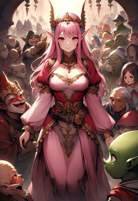 Pink haired girl in the center、Mr.々Many races gather、animal、people、Elf、Dwarf、Kobold、Goblins