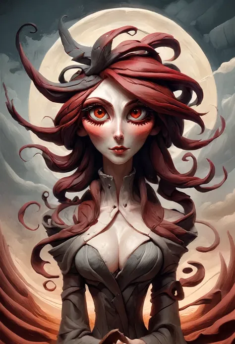 painting of a woman with flowing dark red hair, peter mohrbacher, kbak, gorgeous brown eyes, surreal, fantasy design, epic background, ample cleavage, rich brown eye color, masterpiece, semi-realistic, photo quality, high detail, ais-drkclymtn  