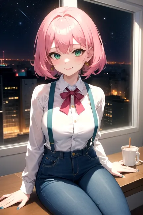 anime girl 26 years old yellow blouse suspenders blue denim pants landscape luxurious apartment looking out the window towards a night city with pale pink hair green eyes and a white cat on her lap blue nails white walls cup of coffee on the table cat look...