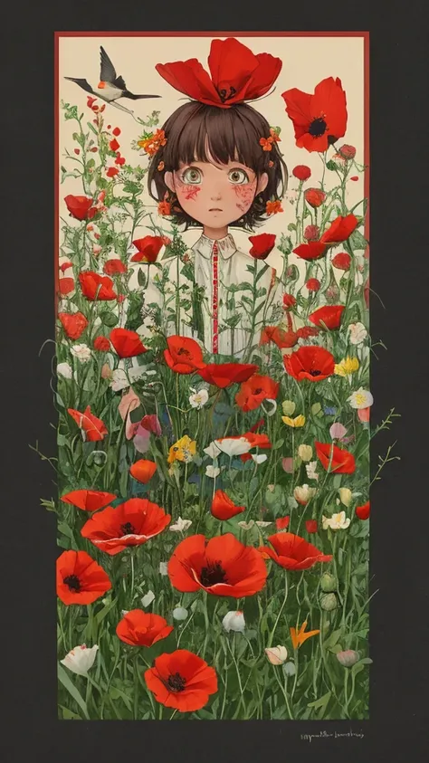 Poppy flowers and cardinal bird. , (2015) (NERC) Print of Mike Wellins Freakybuttrue Peculiarium