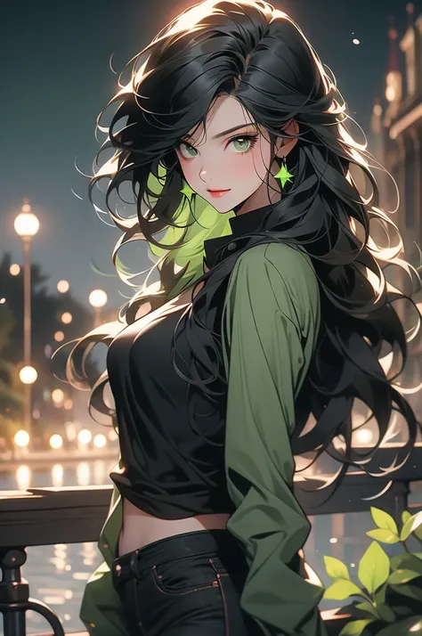 1girl, night, straight black hair, hair fringe, green eyes, smirk, black jeans, black top, mean, staff