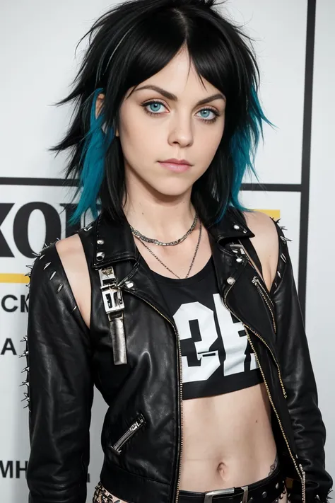 white skin woman aged 20, long black hair,  green blue eyes, breasts ((85C)), Narrow Face, small freckle, Eye line, unvarnished, slight smile, ((Joan Jett), ((punk outfit)), 4K, ultrahohe