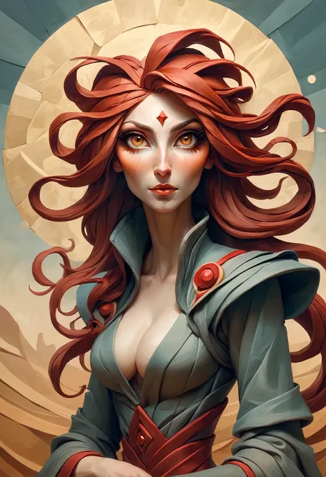 painting of a woman with flowing red hair, peter mohrbacher, kbak, gorgeous brown eyes, surreal, fantasy design, epic background, ample cleavage, rich brown eye color, masterpiece, semi-realistic, intricate origami background, high detail, ais-drkclymtn  