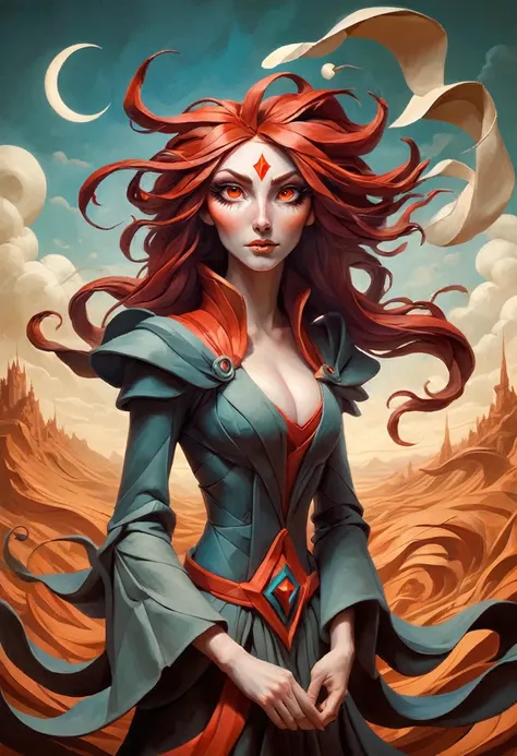 painting of a woman with flowing red hair, peter mohrbacher, kbak, gorgeous brown eyes, surreal, fantasy design, epic background, ample cleavage, rich brown eye color, masterpiece, semi-realistic, intricate origami background, high detail, ais-drkclymtn  