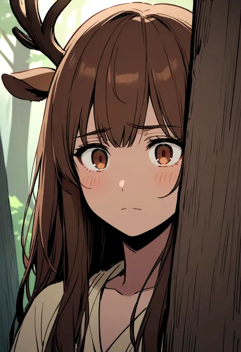 Dark-skinned man, brown eyes, long brown hair with deer ears and antlers hiding behind a tree in a forest, watching someone with a shy expression on his face 