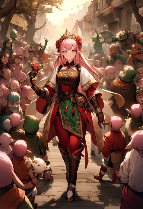 Pink haired girl in the center、少女はpeople間、Mr.々Many races gather、animal、people、Elf、Dwarf、Kobold、Goblins