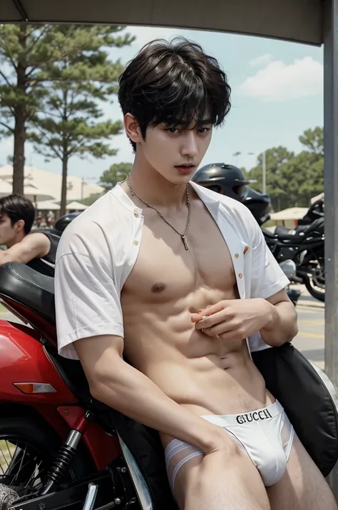 a close up of a person, he stood next to a bigbike motorcycler, bigbike, outsite, topless, shirtless, show sixpack, he wearing white jockstrap or thong underwear, jungkook, hyung tae, very attractive and beautiful, taehyung eating gucci fries, cai xukun, h...