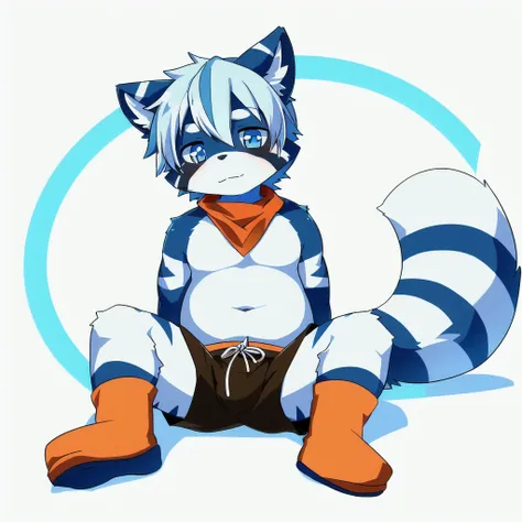 ((small)), ((small body)), ((10 years old)), ((young boy)), ((Furry)), ((kemono)), ((raccoon)), ((male)), ((has a fur in shades of blue and white)). ((The body is covered primarily in a light blue)), ((big tail rings are a darker blue)). ((A deep, bright b...