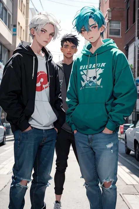 Two teenage men, They are both white, one with high platinum hair., with baggy clothes, a sweatshirt and jeans, with a hoop, his face shows disgust. The other boy, HE HAS BLUE HAIR, it&#39;s lower, annoyed face, jacket and white t-shirt