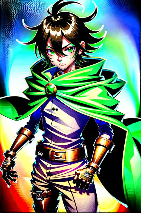 yuichiro hyakuya, (WithoutFear:1), 1 boy, black hair, green eyes, brown coat, gray armor, green shield, green cloak, dark brown gloves, town, fur trim, anime, standing, good quality, portrait, looking at viewer
