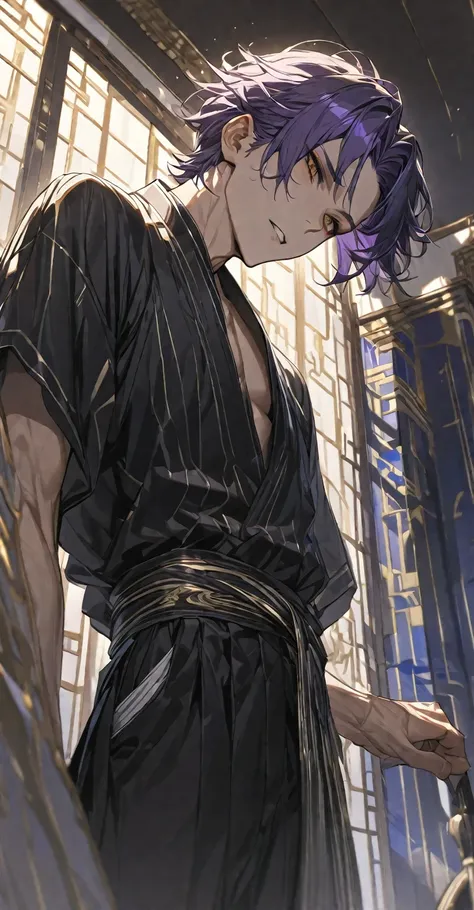 Masterpiece, very detailed, ultra detailed, one, (1 man), 23 old years, A man - he is tall and slender, Hes in a simple black kimono with white stripes, He’s long dark-purple hair To the waist and short bangs, and golden eyes that shine.