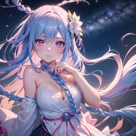 Sky blue hair, (One braided ponytail),(Pink Eyes),Fair skin ,(whole body),(One girl),The goddess,Orihime,(Sky Yue),Tanabata,(The Milky Way in the night sky),Hollow Eyes,Blushing,Straight bangs,(masterpiece, Highest quality, Very detailed, Best Shadow), (De...