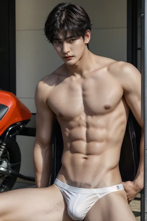 a close up of a person, he stood next to a bigbike motorcycler, bigbike, outsite, topless, shirtless, show sixpack, he wearing white jockstrap or thong underwear, jungkook, hyung tae, very attractive and beautiful, taehyung eating gucci fries, cai xukun, h...