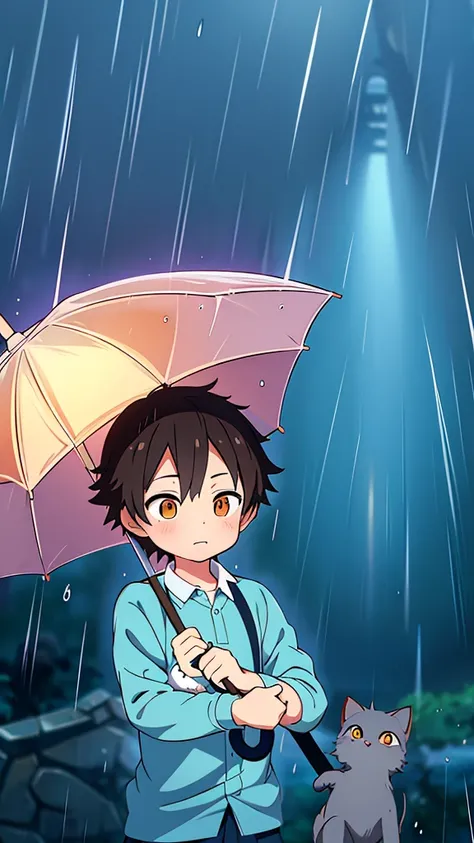 anime boy with umbrella and cat in rain, makoto shinkai cyril rolando, artwork in the style of guweiz, cute anime, raining!, anime picture, loish and goro fujita, raining!!, anime visual of a cute cat, by Kubisi art, in the rain, in anime style, by Yuumei