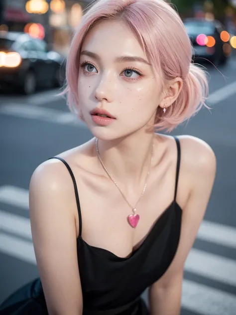 Background (street), standing at the middle of the street , long shot , wearing (long black black black gown), majestic look , looking like a queen  ,cinematic view, Full Cinematic view, serious face , sexy, lustful, cute girl short pink hair, pink pussy, ...