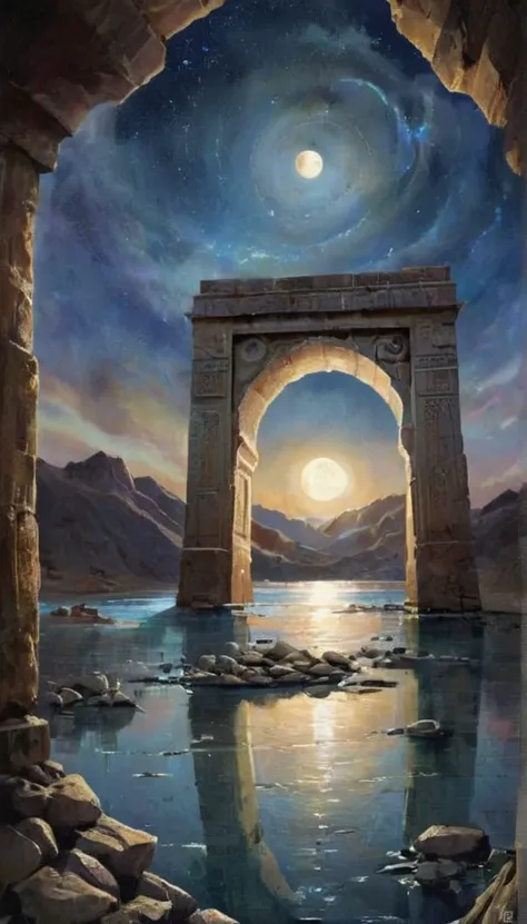 New gate to the multiuniverse spiral of geometric figures, water colour, abstract art ancient forgotten civilization, 3000 BCE, indian subcontinent, under the highway on the lake, near the banks of the indus river, starry night, bright moon, 32k, high defi...