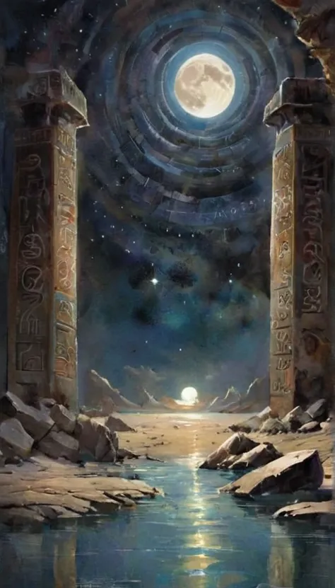 New gate to the multiuniverse spiral of geometric figures, water colour, abstract art ancient forgotten civilization, 3000 BCE, indian subcontinent, under the highway on the lake, near the banks of the indus river, starry night, bright moon, 32k, high defi...