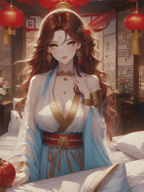 (masterpiece, best quality:1.2), 1women, xian mei, solo golden eyes, long red curly hair, jewellery, perfect anatomy, chinese tr...