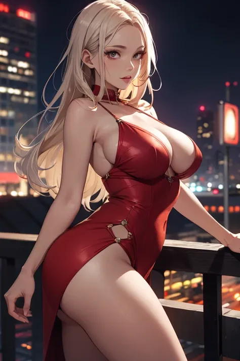 masterpiece, best quality, shadows, dynamic angle, front view, perfect hands, perfect legs, perfect anatomy, pretty face, mature features, 1 girl, 21 years old, mature woman, sexy red dress, city night background, white long hair, thighs, ass, breast, sedu...