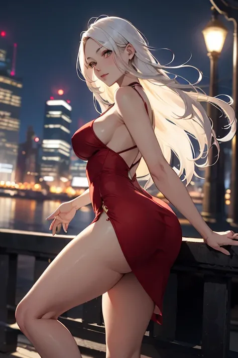 masterpiece, best quality, shadows, dynamic angle, front view, perfect hands, perfect legs, perfect anatomy, pretty face, mature features, 1 girl, 21 years old, mature woman, sexy red dress, city night background, white long hair, thighs, ass, breast, sedu...