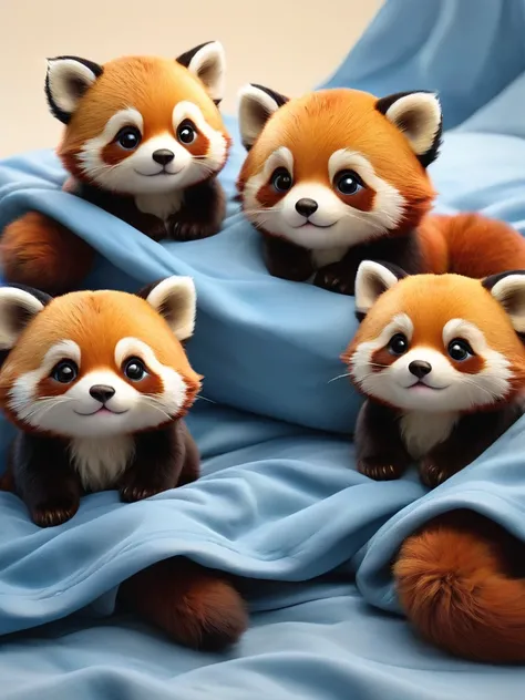 With the sunset in the background,(masterpiece:1.2, high quality), Several red panda cubs sleeping together in bed、